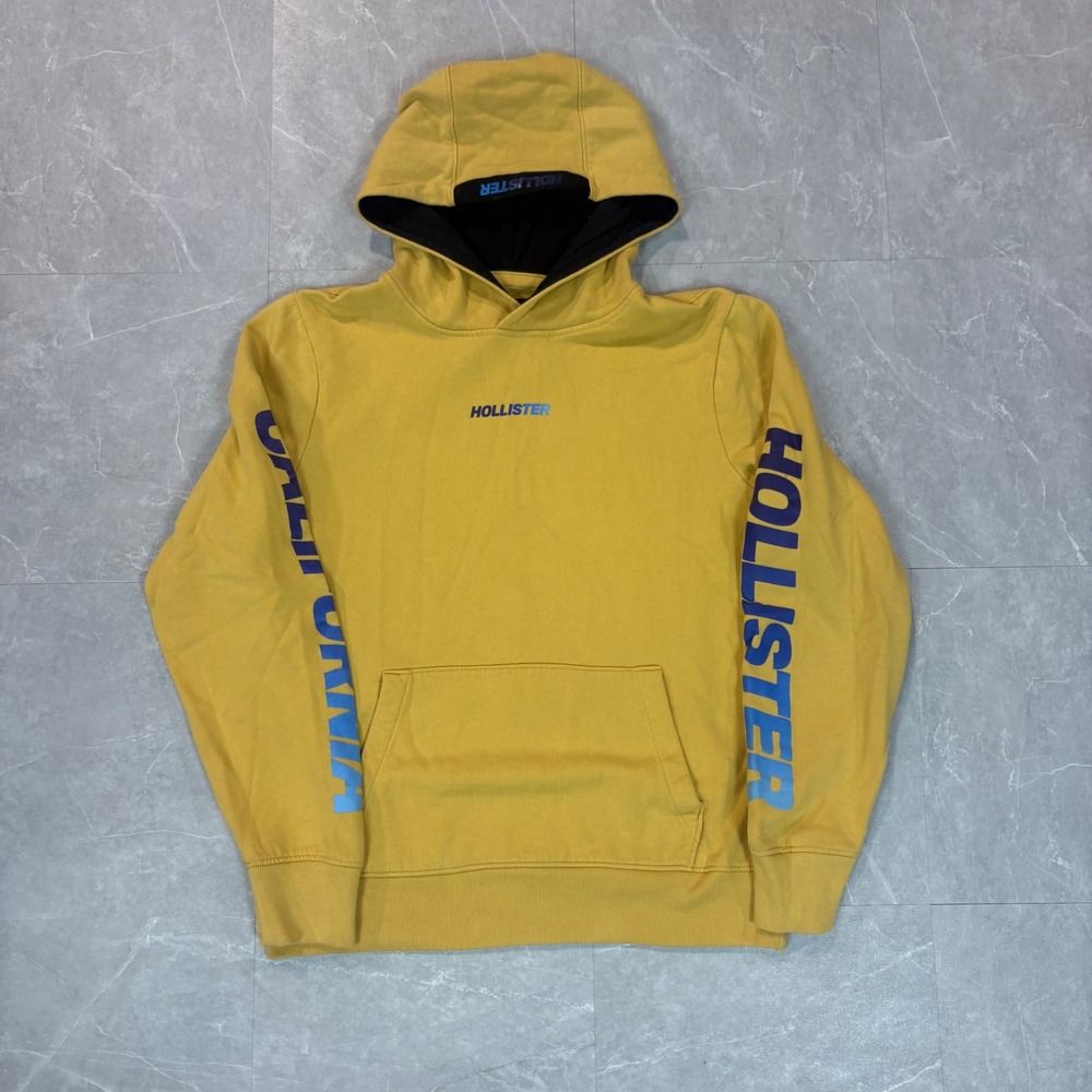 Hollister Mens California Graphic Logo Pullover Hoodie Yellow Blue Large